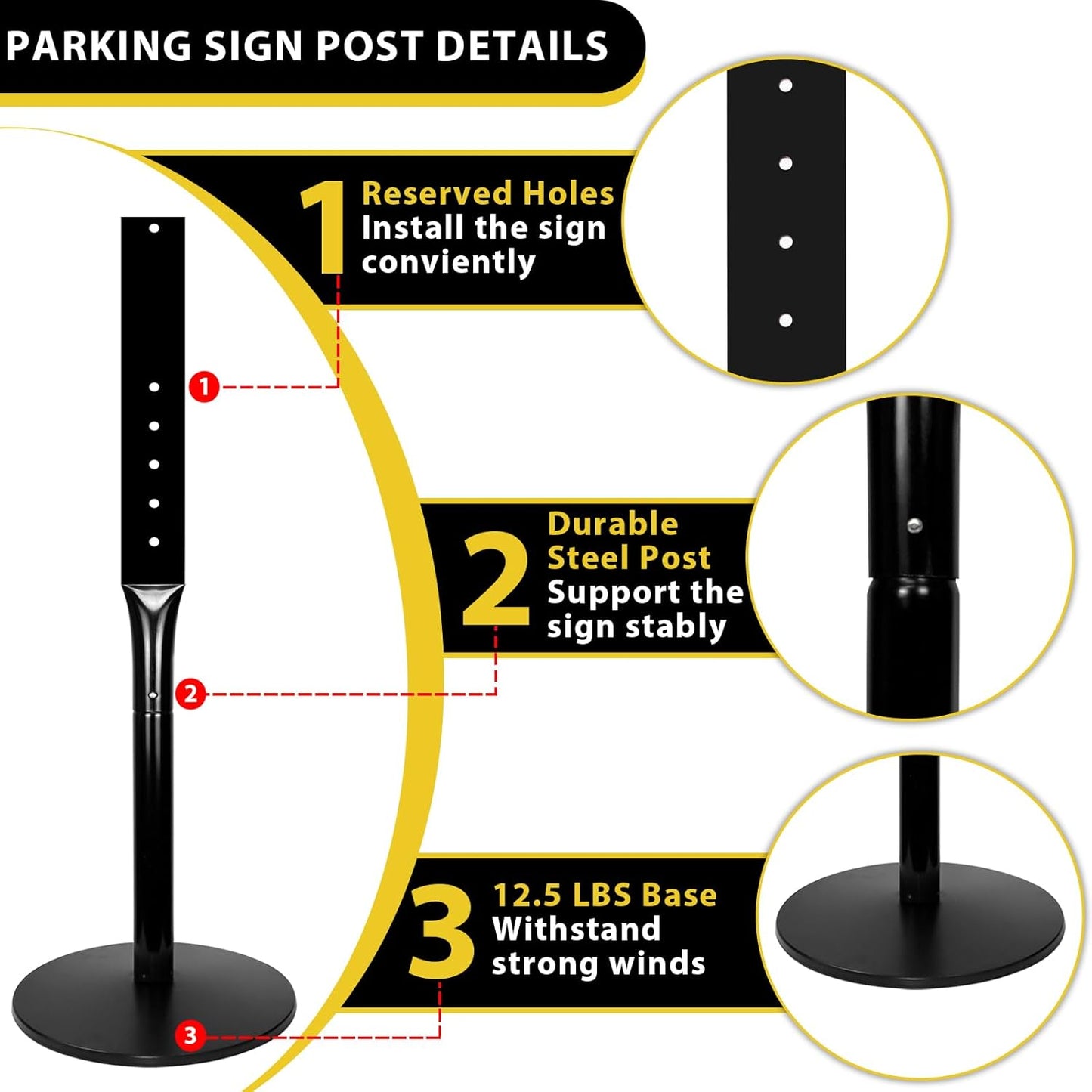 Parking Sign Stand with Base - 20 Lbs Cast Iron Parking Sign Post for Hanging Traffic Construction Street Warning Notice, Movable Black Heavy Duty Base Stand for Outdoor Use, 2 Pack