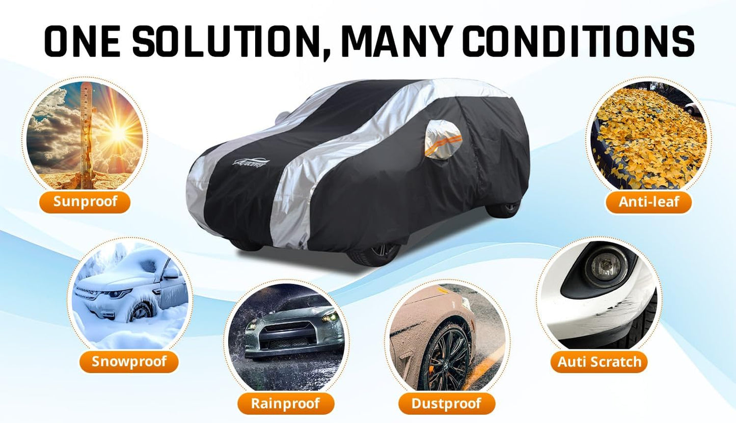Full Exterior Covers for Waterproof Protection with Silver Stripe Design,SUV Car Covers for Automobiles Universal Fit Nissan Kicks, Subaru Crosstrek, Jeep Compass Liberty, Kia Soul Sportage