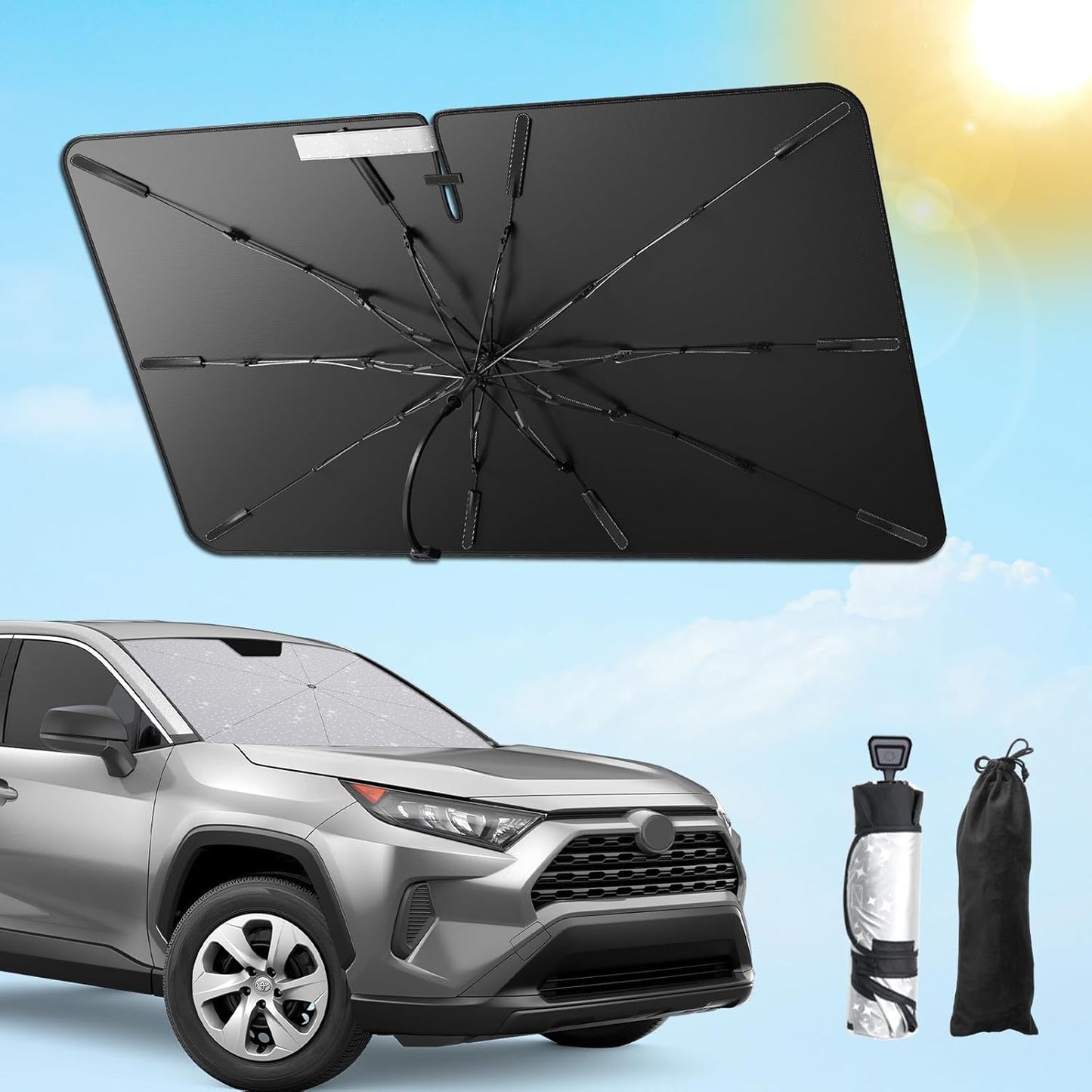 SXCY for 2019-2023 2024 2025 Toyota RAV4 Windshield Umbrella Sunshade [Easier Foldable] for 2024 2025 Toyota RAV4 Accessories 2024 2025 RAV4 Sunshade Umbrella 2025 RAV4 Windshield Umbrella Sun Shade