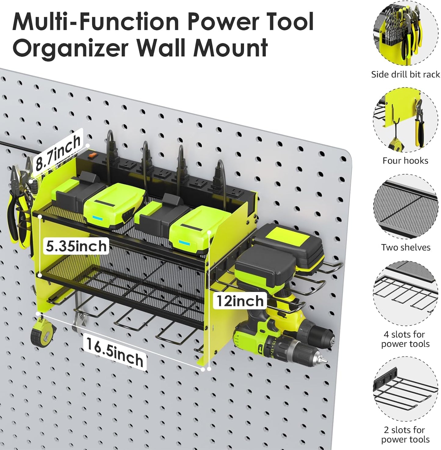 CCCEI Modular Power Tool Organizer Wall Mount Charging Station, Green 6 Drills Holder with 8 Plug Power Strip 6FT, Garage Drill Battery Heavy Duty Metal Shelf, Utility Rack with Hooks, Side Storage.