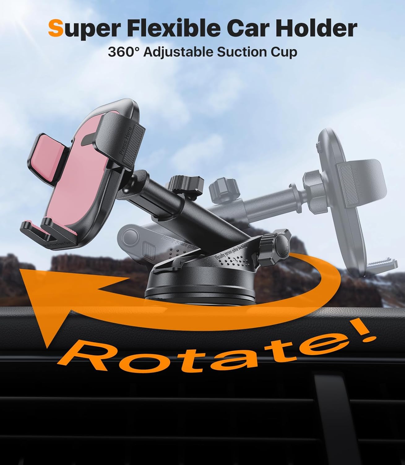 Ultra Stable Phone Holders for Your Car [Powerful & 360 Adjustable Suction Cup] Universal Car Phone Holder Mount Long Arm Flexible Car Mount for Dashboard Windshield Air Vent All Phone Case - Pink