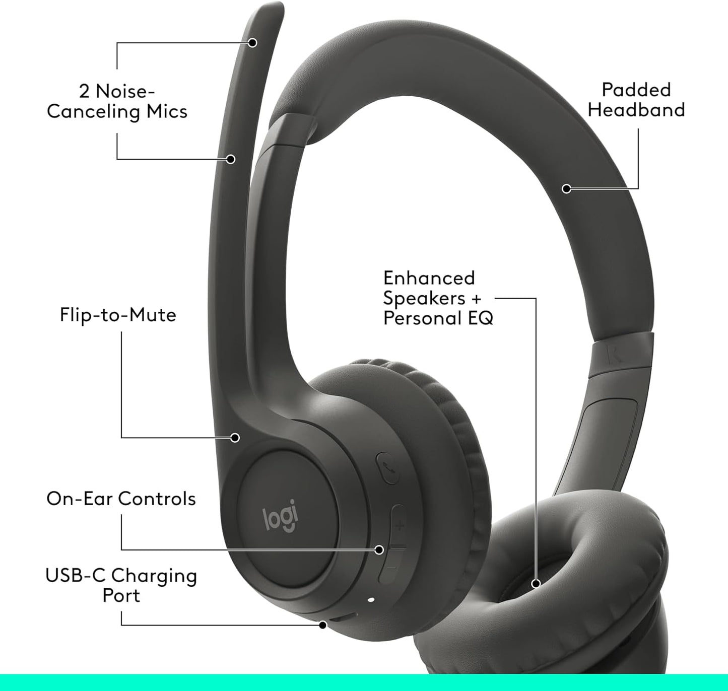 Logitech Zone 301 Wireless Bluetooth Headset with Noise-Canceling Microphone, Compatible with Windows, Mac, Chrome, Linux, iOS, iPadOS, Android – Graphite