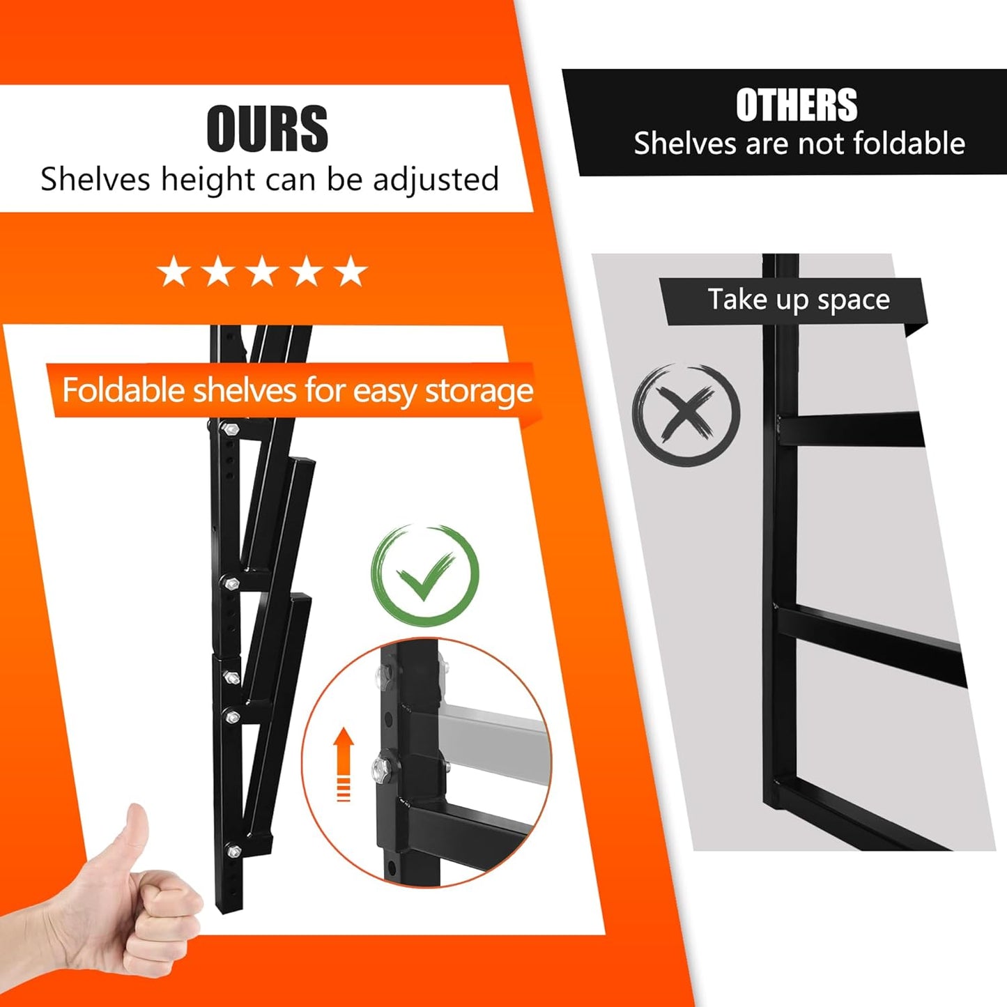 6-Tiered Collapsible Wall Mount Lumber Storage Metal Rack, 6-Level Foldable Heavy Duty Indoor Garage Wood organizer, Outdoor Adjustable Steel Multipurpose Workshop Shelf, Holds up to 600Lbs