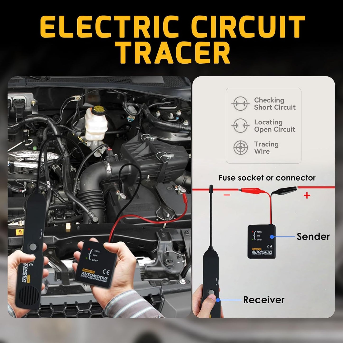 Automotive Electrical Open&Short Finder Circuit Tester Circuit Finder Detector Tone Generator Cable Wire Breaker Tracker Circuit Fault Finder DC 6-42V Car Diagnostic Tool