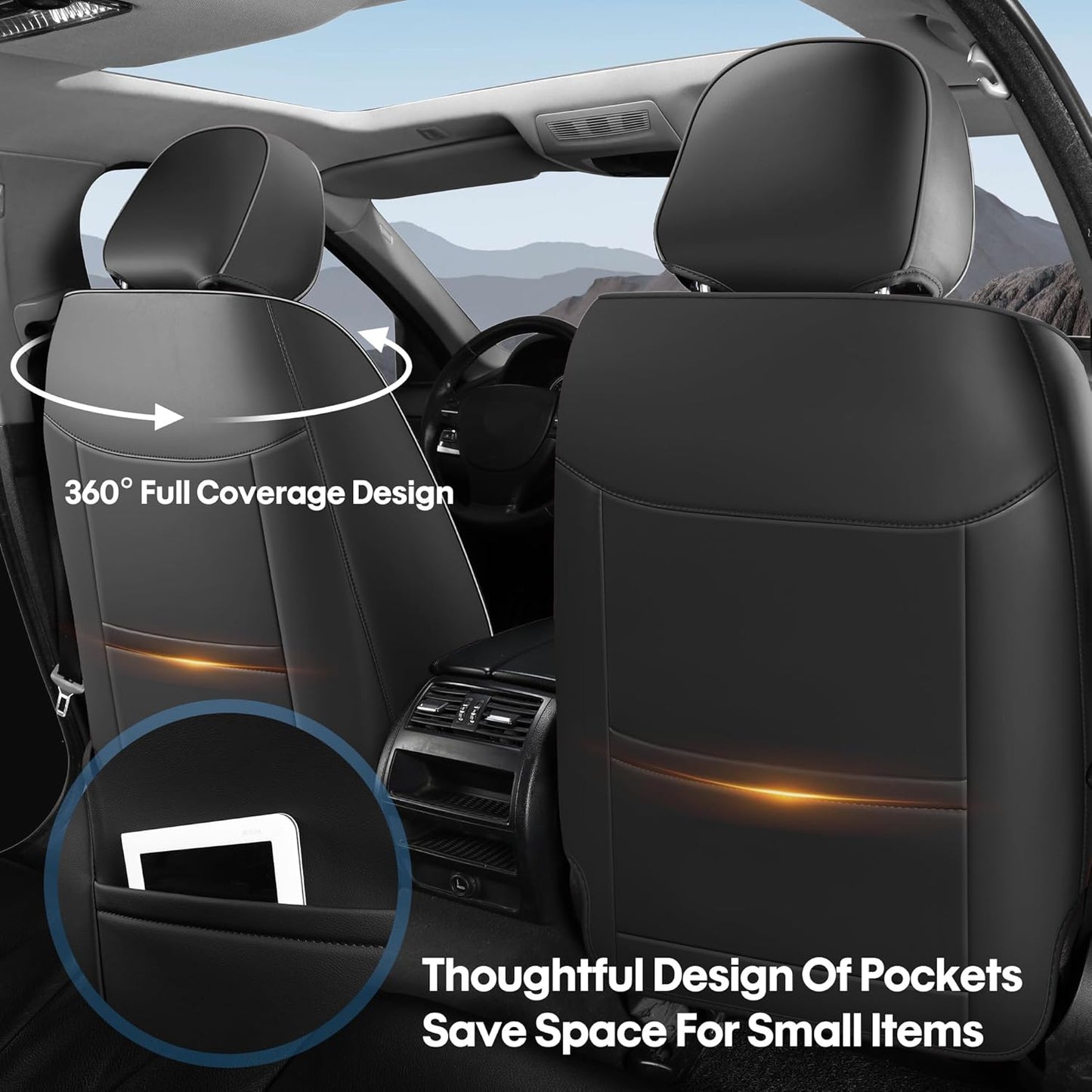 AOOG Front Seat Covers, Car Seat Covers Front Seats, Leather Seat Covers for Cars, Waterproof Seat Covers with Lumbar Support Universal Fit for Most Cars SUV Trucks(Front Pair, Black)