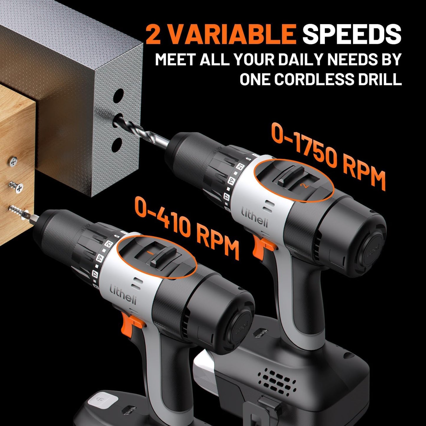 Litheli 20V Cordless Drill Driver, Electric Power Drill with 2 Variable Speed Settings, 1/2 Inch Keyless Chuck, 21+1 Clutch Settings with Maximum Torque of 443 In-lbs (Charger not Included)