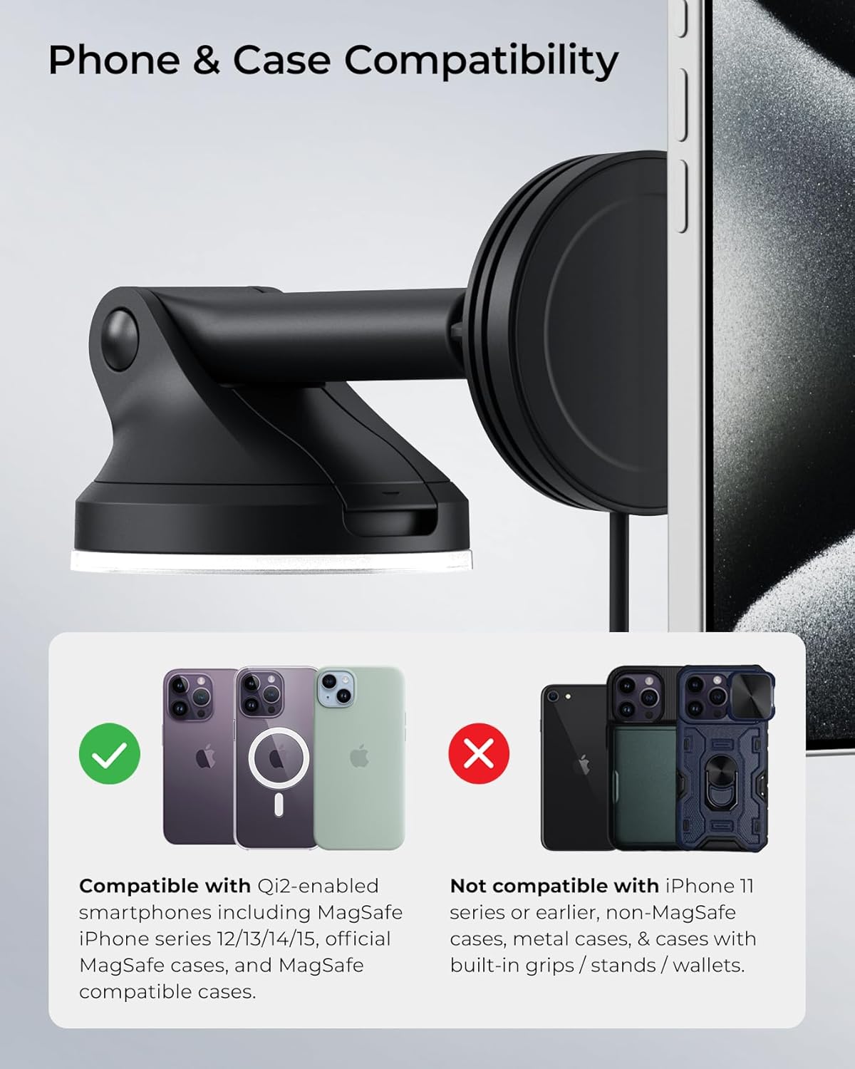 iOttie Velox Qi2 Mini 15W Wireless Charger Car Mount - Dash & Windshield Car Phone Holder - MagSafe Compatible iPhone Mount for Qi2 Smartphones (iPhone 12, 13, 14, 15, and 16) - Car Charger Included