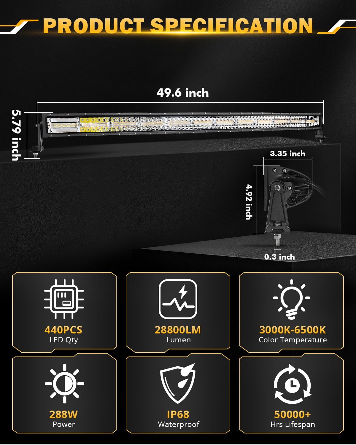 Auxbeam 50 Inch Curved LED Light Bar, 288W 6 Modes Amber White Strobe Fog Lights, Yellow Spot Flood Memory Reset Function Offroad Driving Work Ditch Light for Truck Car ATV