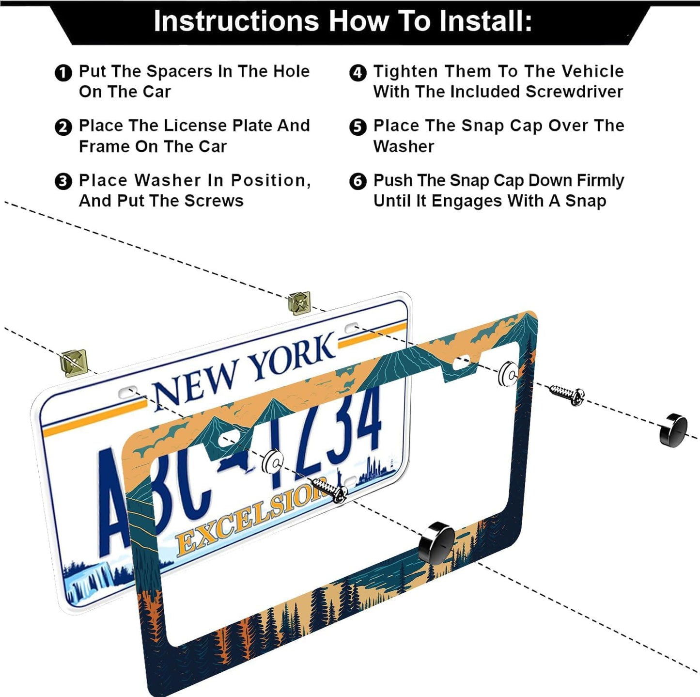 Mountains Forest License Plate Frames - 2 Pcs Set 2 Holes Stainless Steel Metal Novelty Auto Car Accessories Decoration License Plate Frame Cover Size 6.3" x 12.2" Fit US Vehicles for Women Men Gift