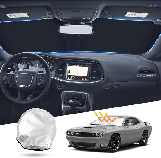 T TGBROS Windshield Sun Shade for 2015-2023 Dodge Challenger Accessories (SXT, RT, GT) Front Window Sun Shield Reflective Polyester Sun Visor Cover