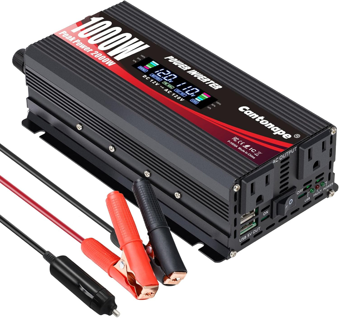 1000W/2000W(Peak) Car Power Inverter DC 12V to 110V/120V AC Converter with LCD Display Dual AC Outlets and Dual USB Car Charger for Car Camping Laptop Truck Black