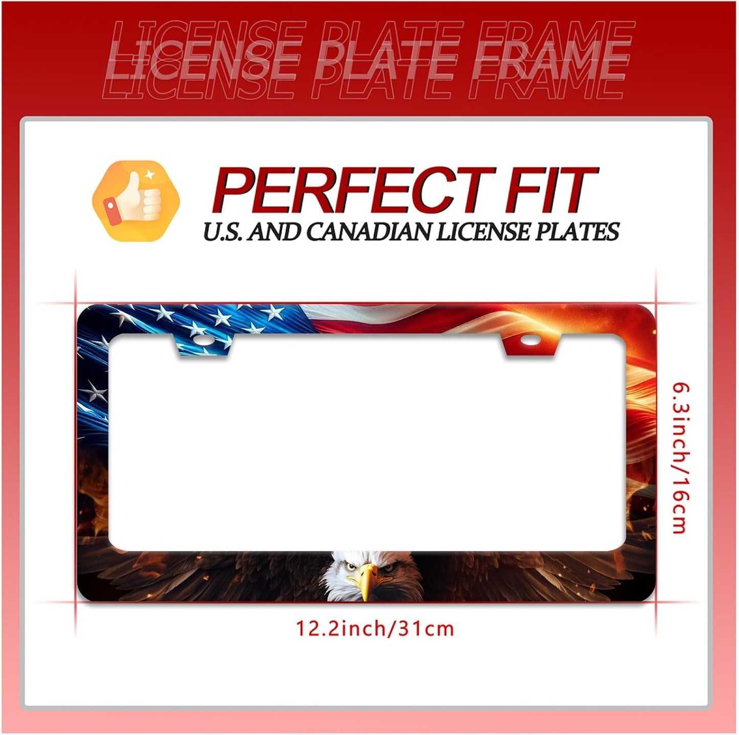American Flag Bald Eagle License Plate Frame Patriotic License Plate Frames for Car Decorative Parts Stainless Stee License Plate for Standard Us Canada Funny License Plate Holder 12x6 Inch Unisex
