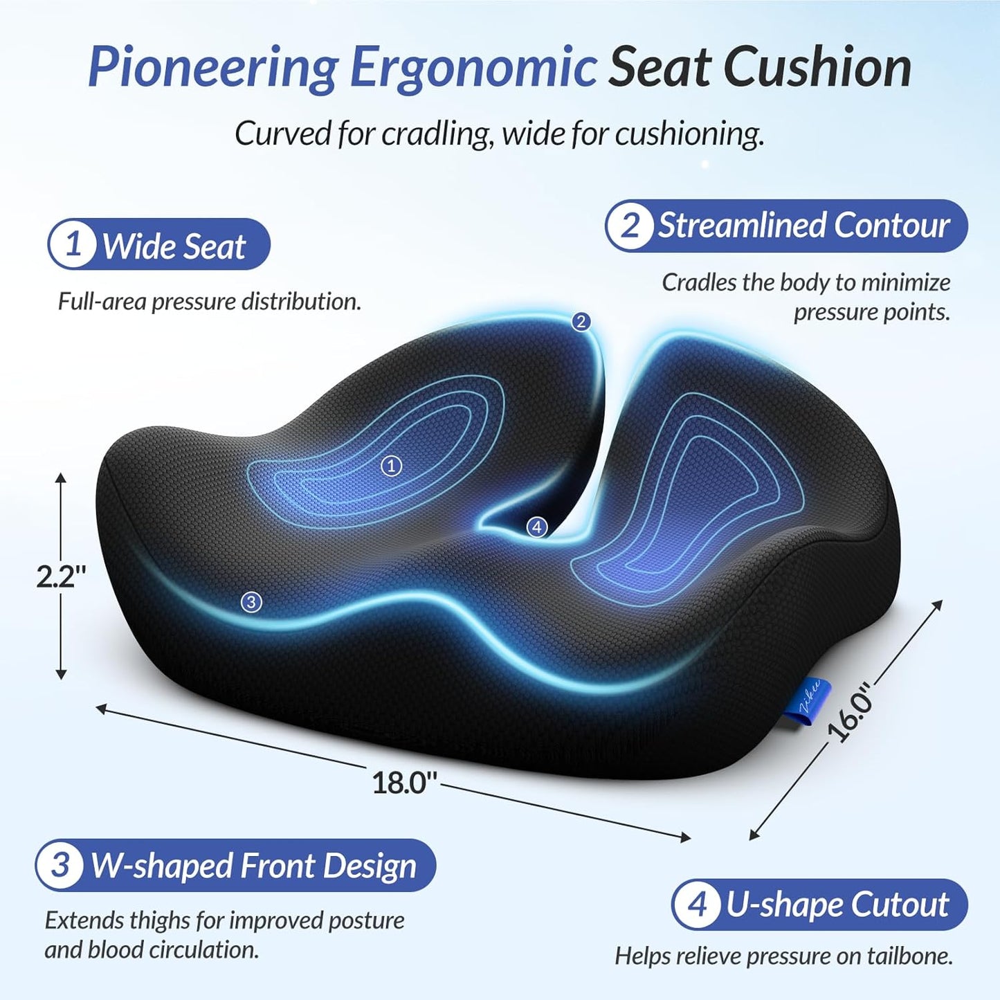 ZIKEE Pioneering Seat Cushion for Pressure Relief, Ergonomic Office Chair Cushion for Sciatica, Back, Hemorrhoids & Tailbone Pain Relief, High-Density Memory Foam Car Seat Cushion with Anti-Slip Base