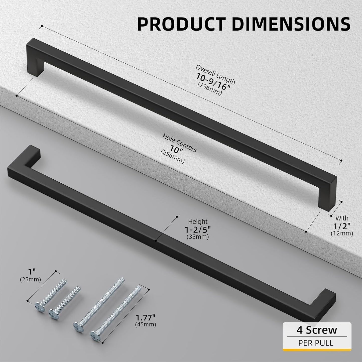 goldenwarm 150 Pack 10 Inch Black Cabinet Handles Matte Black Drawer Pulls Stainless Steel Cabinet Hardware Square Bar Modern Cabinet Handle for Kitchen Bathroom Cupboard