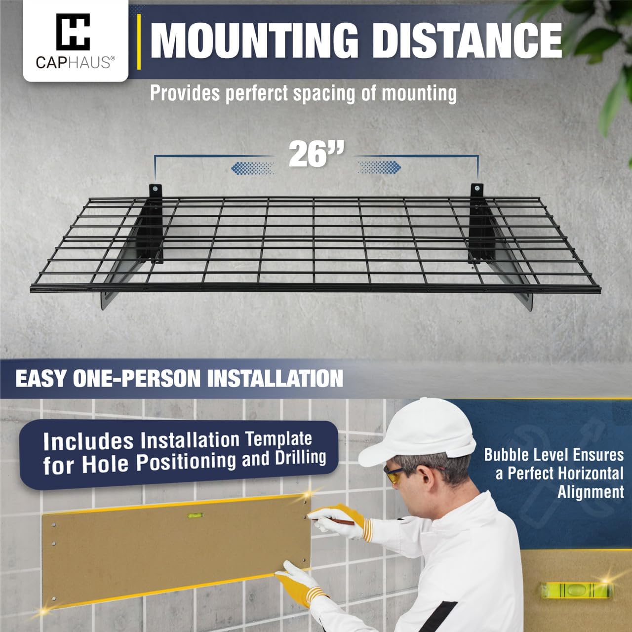 Fencer Wire 72 in. W x 18 in. D Wall Mounted Garage Wall Shelving w/ 4 Hooks, Black Wall Shelf, Heavy Duty Garage Wall Storage System, Garage Organizer Floating Shelves, 1000lb Weight Capacity