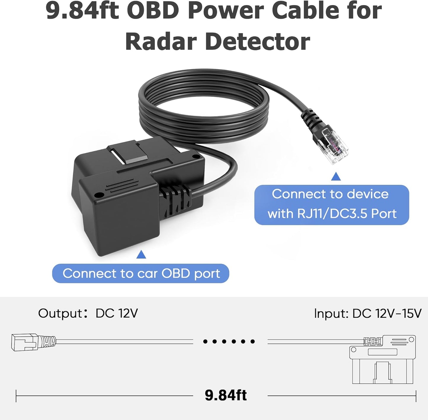 OBD Power Cable for Radar Detector - OBD to RJ11 Charger Cable Compatible With Escort MAX 360, Passport, Uniden R1/R3, Beltronics, Radenso XP and More