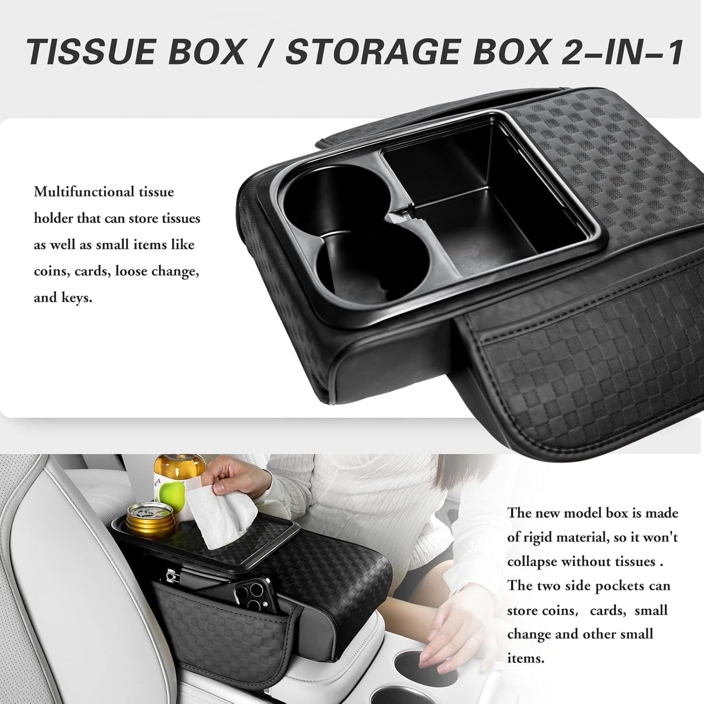 Car Center Console Cover, Armrest Cover for Storing Water Cups, Tissues, Cards, and Phones, 4-in-1 Center Cover with Soft Leather and High Resilience Memory Foam (Black)