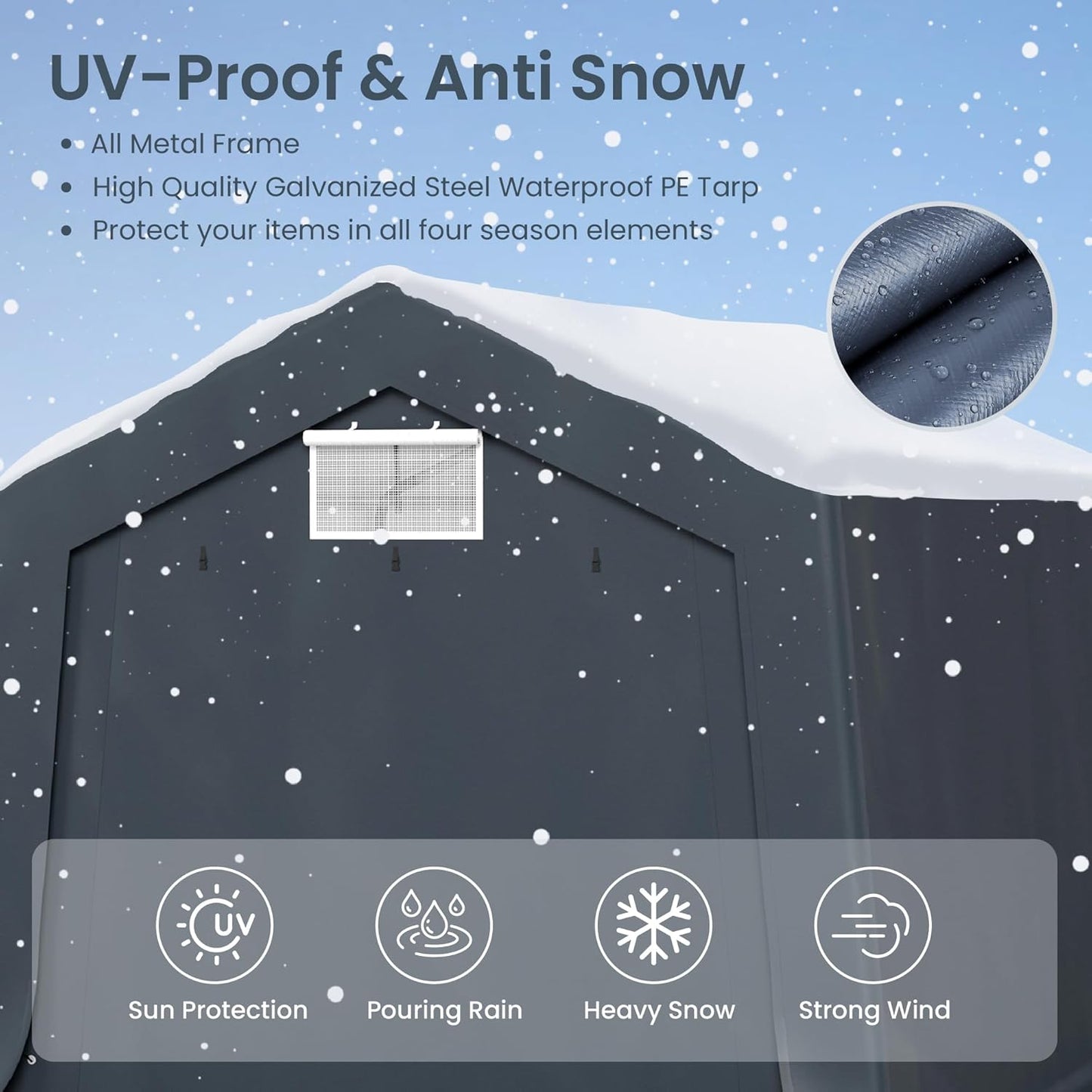 PHI VILLA 10'X15'*8.7' Outdoor Portable Storage Shelter Shed Garage with 2 Roll up Zipper Doors & Vents Carport for Motorcycle Waterproof and UV Resistant Anti-Snow Portable Garage Kit Tent, Gray