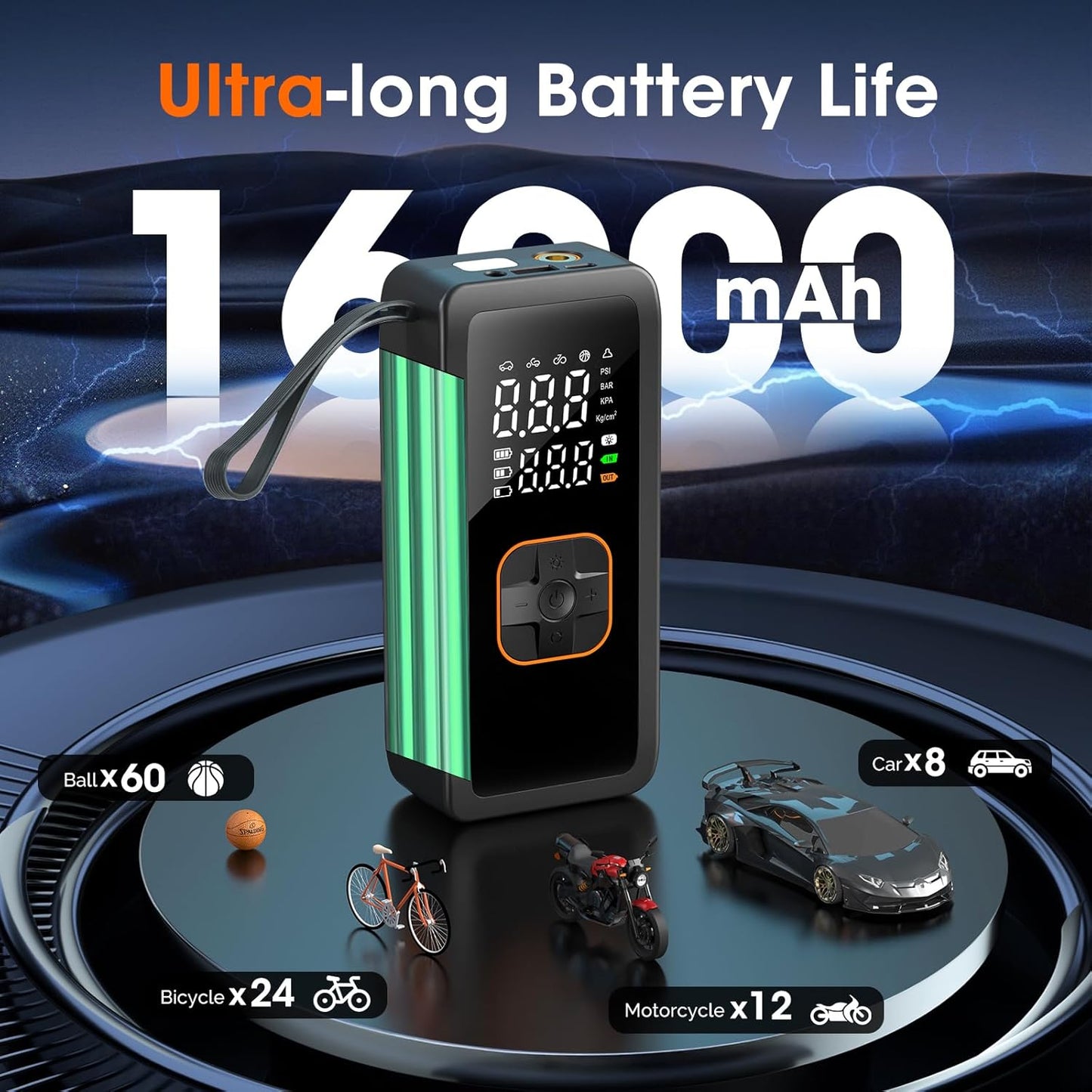 Tire Inflator Portable Air Compressor, 5X Faster Portable Air Pump for Car Tires, 150PSI Cordless Travel Air Pump with Digital Pressure Gauge for Cars, Bike & Motorcycle Tires, Ball