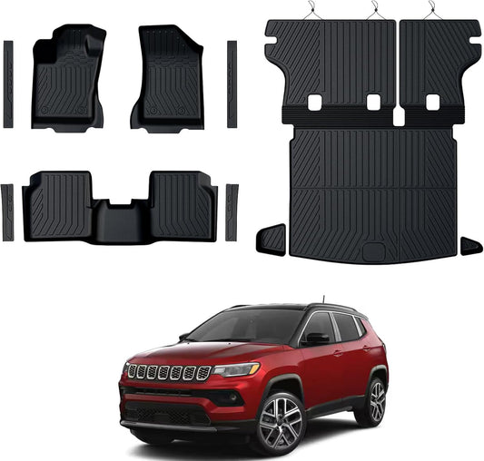 Floor Mats Set for 2017-2025 Jeep Compass Accessories(New Body Style 2nd Generation), Full Coverage All Weather Floor Mats with Cargo Mat TPE Includes Backrest Protectors & Door Sill Guards