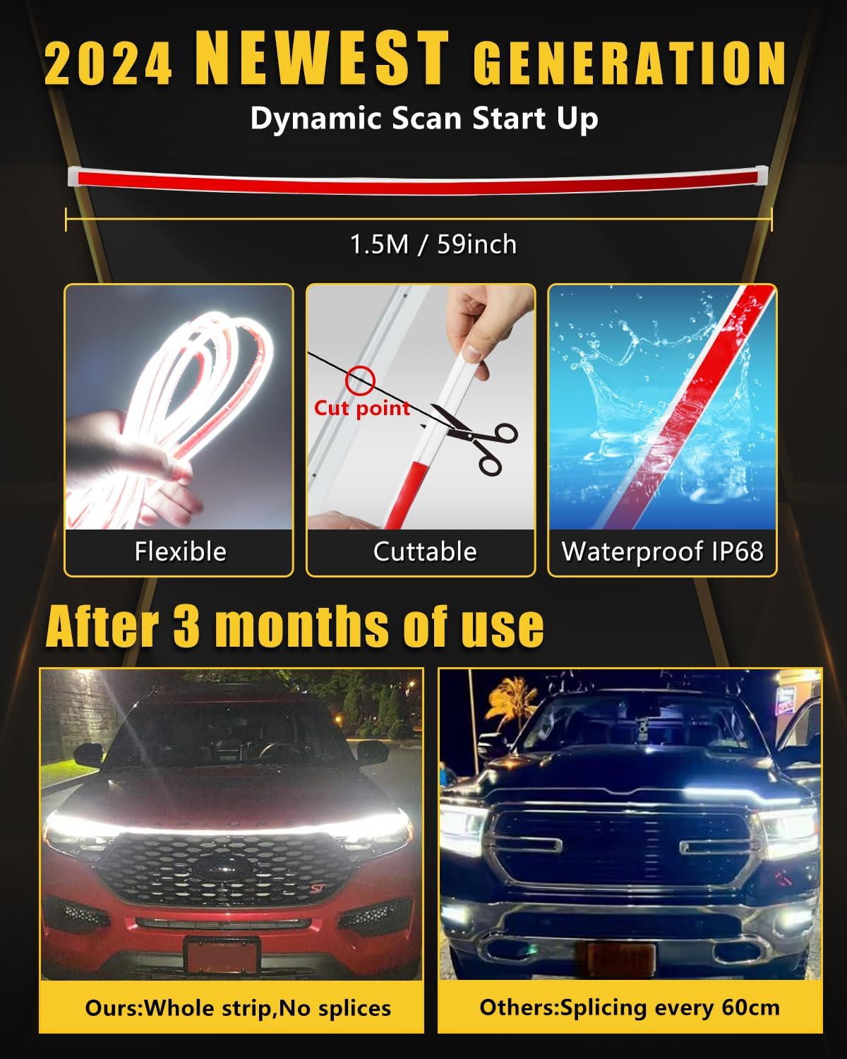 YM E-Bright Led Hood Light Strip Exterior Car Led Strip Light Waterproof Flexible DRL Dynamic Scan Start Up Hoodbeam Kit Daytime Running Lights for Car,Truck,SUV,12V 59inch,White,1 Set