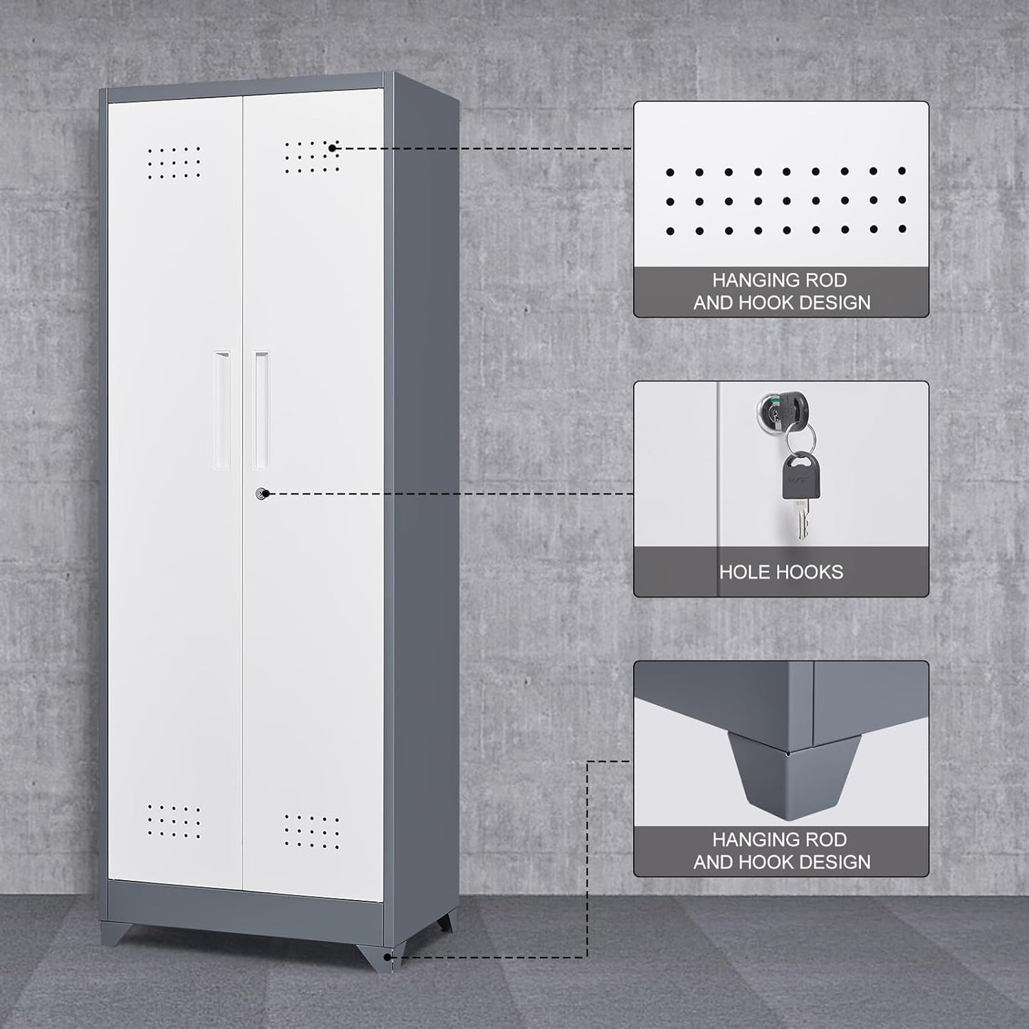 GREATMEET 65" Garage Storage Cabinet, Broom Closet Storage Cabinet, Metal Cabinets with Doors and Shelves, Utility Closet for Brooms and Mops, Utility Cabinets for Storage, Grey&White