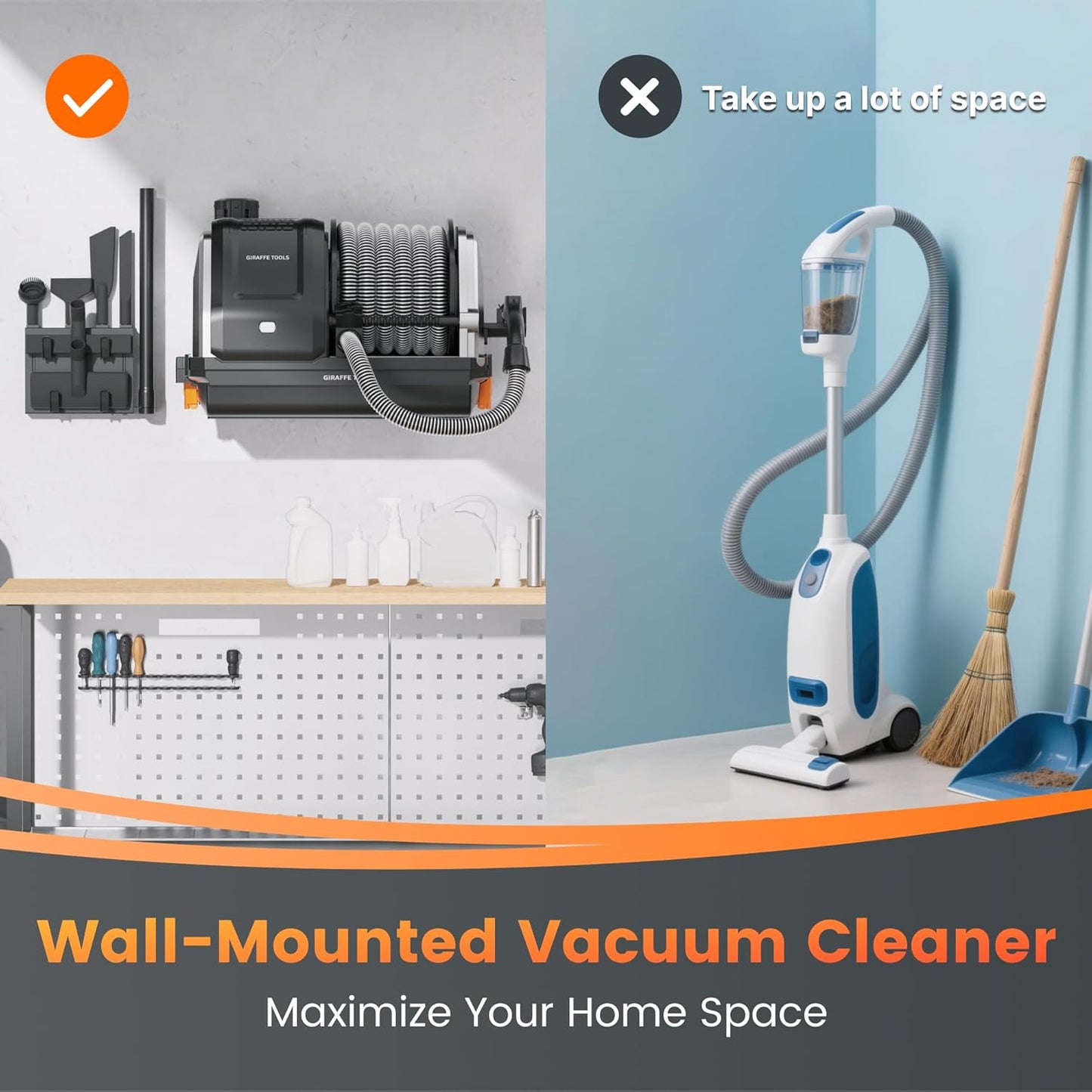 Giraffe Tools Grandstorm Retractable Vacuum Cleaner with 30 FT Hose Wall Mounted, Wet Dry Vacuum Cleaner with 6 Nozzles for Car Detailing Normal Version, Grey （No Remote Control Function）