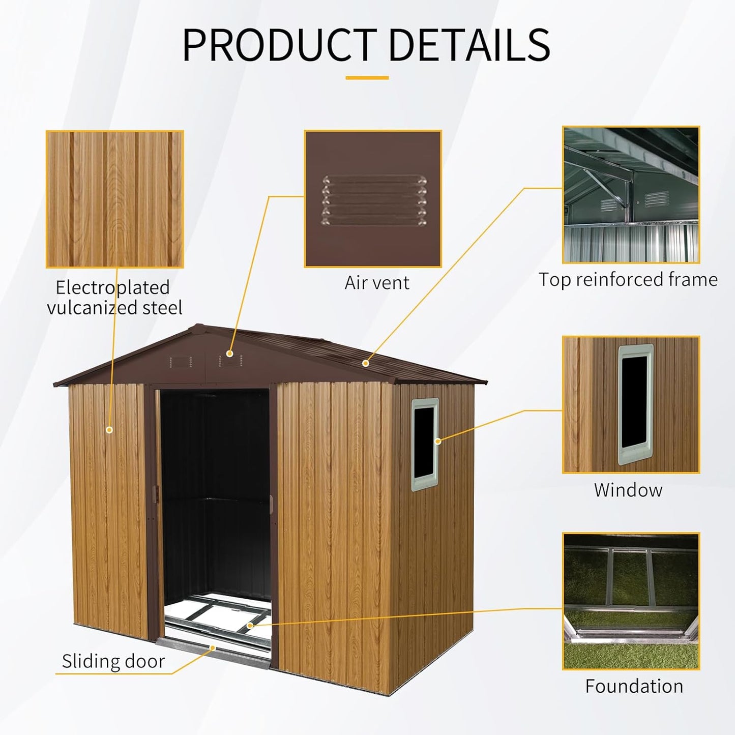 4x8 FT Outdoor Storage Shed, Metal Garden Shed with Frame Floor, Outside Tool Shed with Window, Waterproof Storage Building with Lockable Sliding Doors & Sloped Roof for Backyard, Patio, Coffee