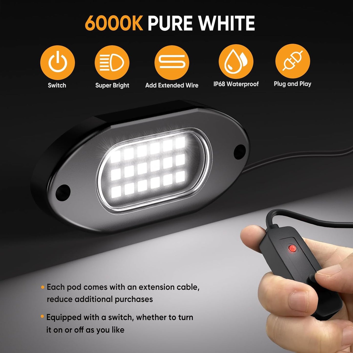 Honalia Pure White Rock Lights 4 Pods, 6000K White LED Rock Lights Kits with Switch