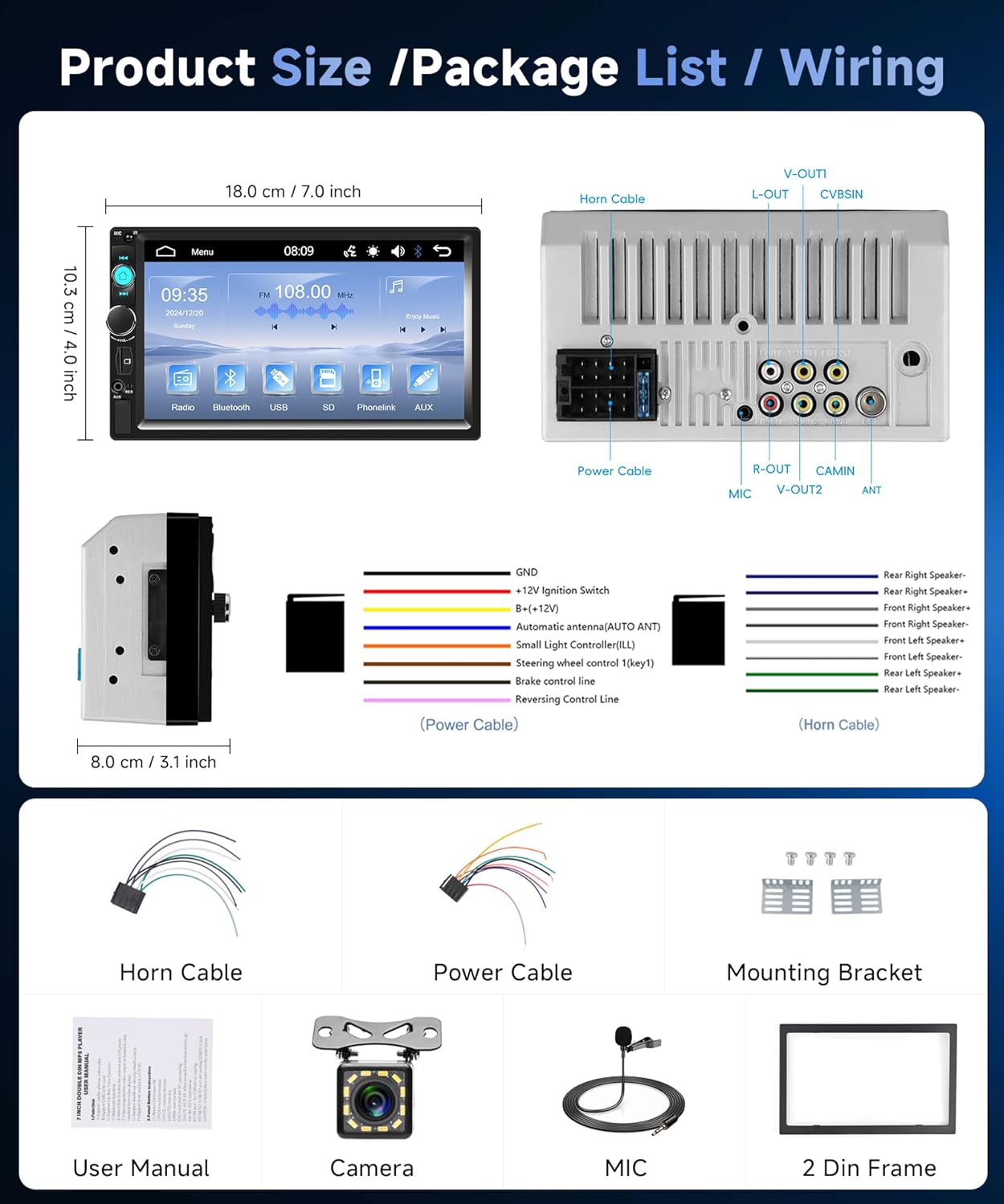 Double Din Car Radio with Bluetooth iOS/Android Mirror Link, 7 Inch Touch Screen Car Stereo 2 Din with Backup Camera Bluetooth Hands-Free FM Radio USB EQ AUX TF Steering Wheel Control