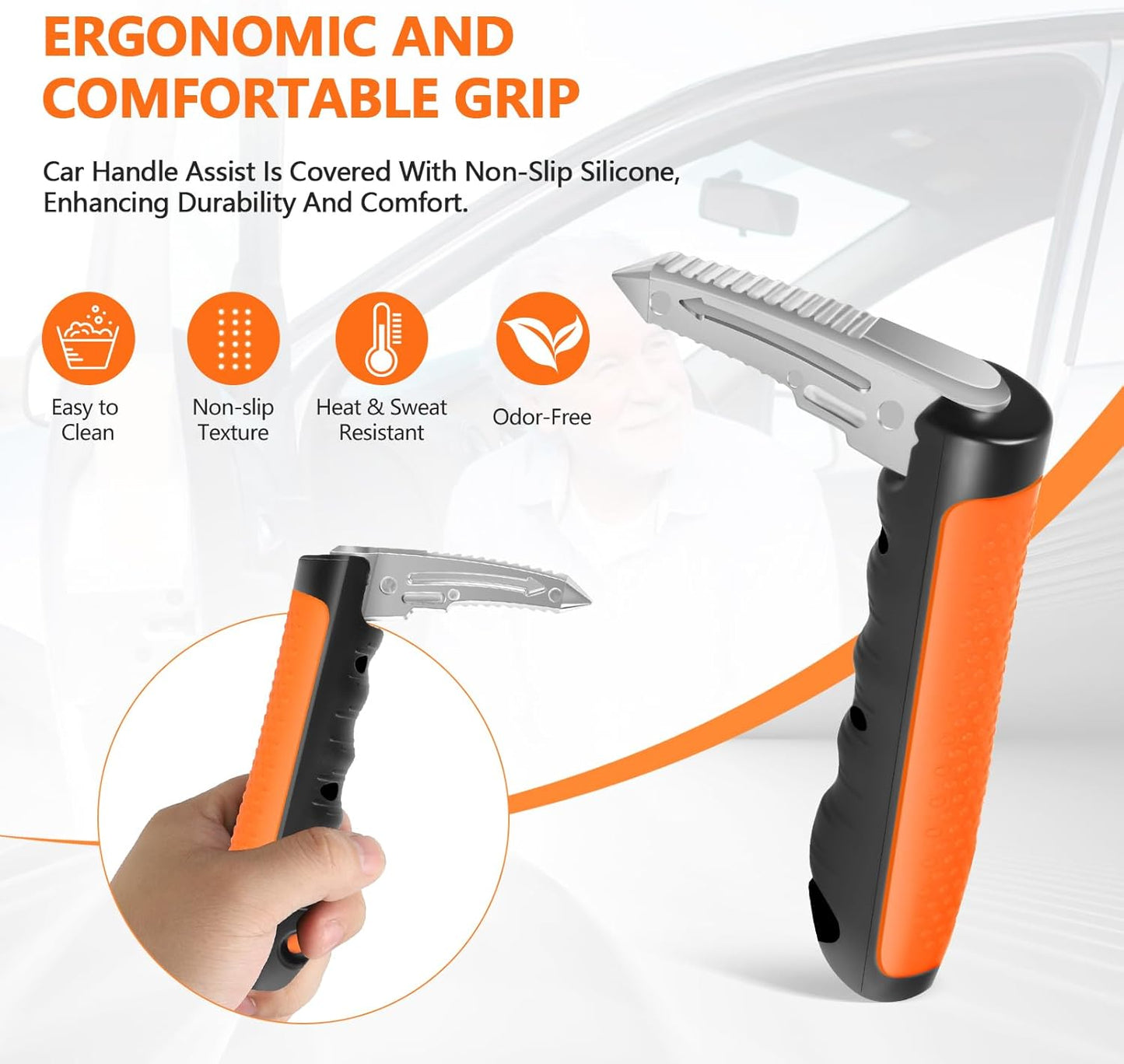 Car Door Handle for Elderly - 2025 New 3 in 1 Car Handle Assist, Auto Cane Portable Vehicle Support Handle Door Assist Bar, Max Load: 500 Lbs, Anti-Slip Design (Orange)