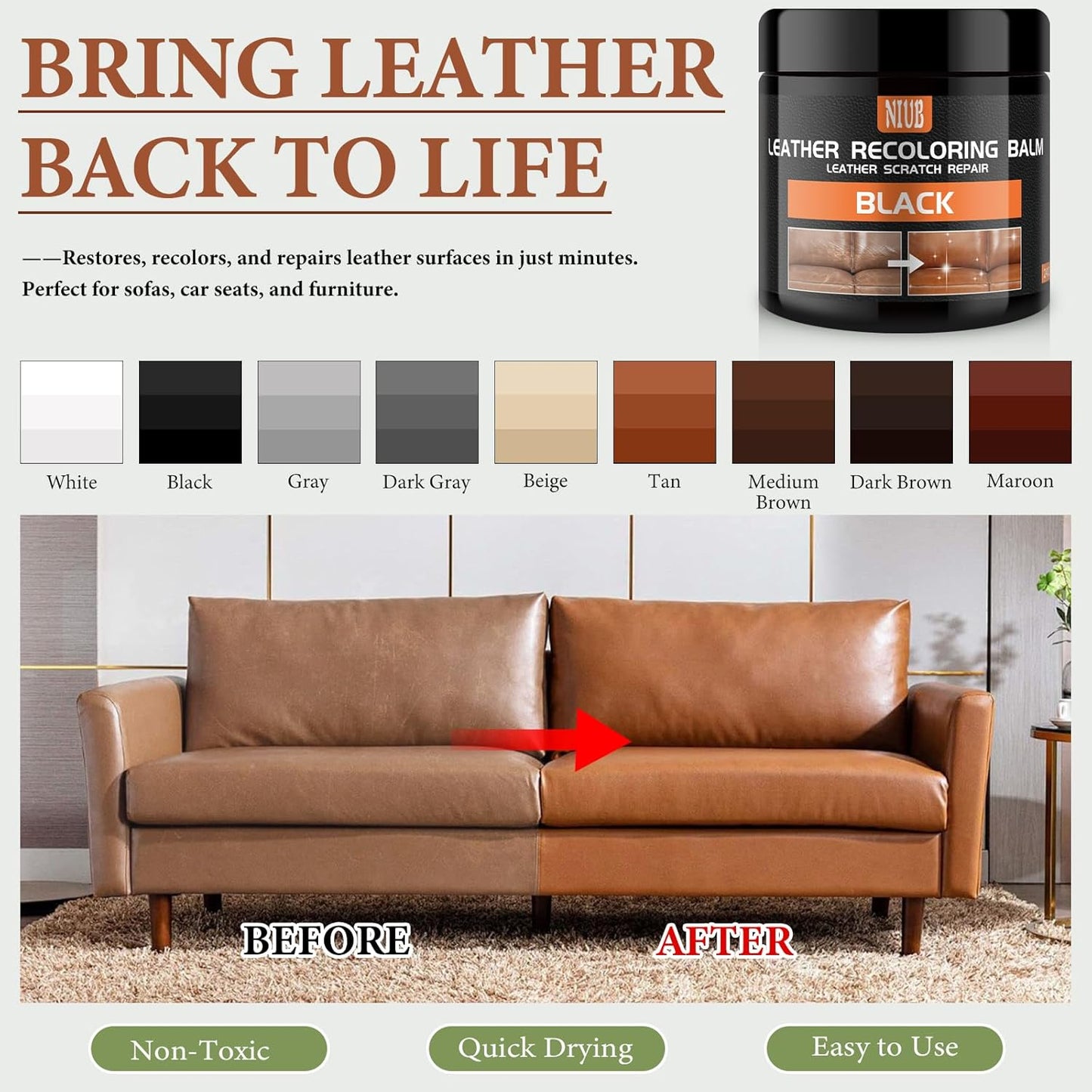 Leather Recoloring Balm Leather Color Restorer Scratch Repair Leather Paint for Furniture Couches Car Seats Shoes Bags Leather Dye and Restorer Restores Faded and Scratched Leather-Dark Gray