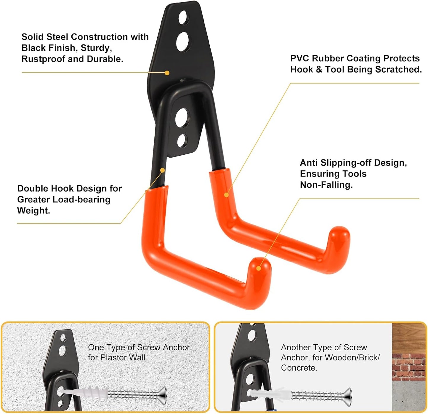 Steel Garage Hooks Wall Tool Organizer, 14 Pack Garage Storage Hook Heavy Duty Utility Storage Hangers Orange for Ladders, Ropes, Garden Tools
