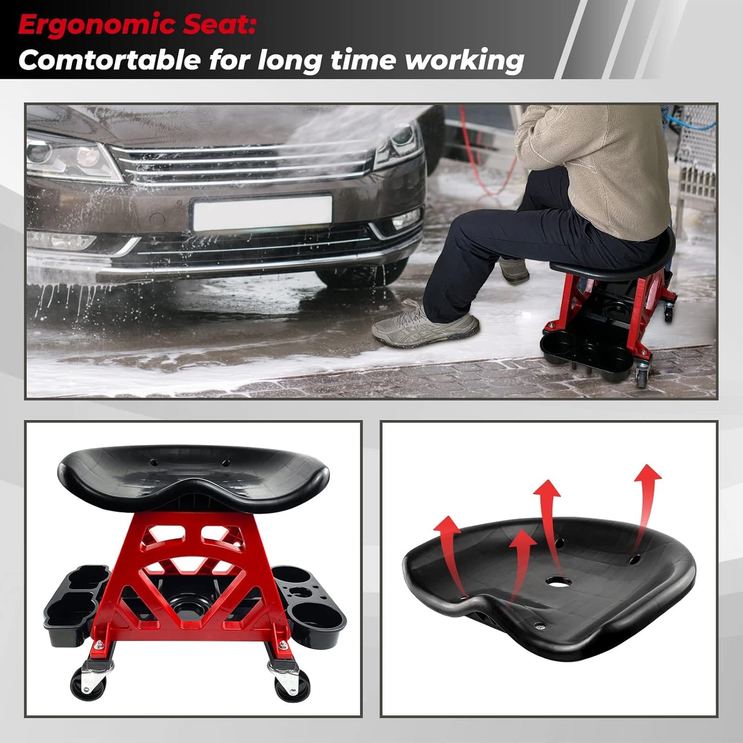 ROBLOCK Durable Mechanic Stool Chair With Wheels, Heavy Duty Garage Shop Rolling Seat, Car Detailing Creeper With Tool Tray for Workshop, Auto Repair Shop and Home