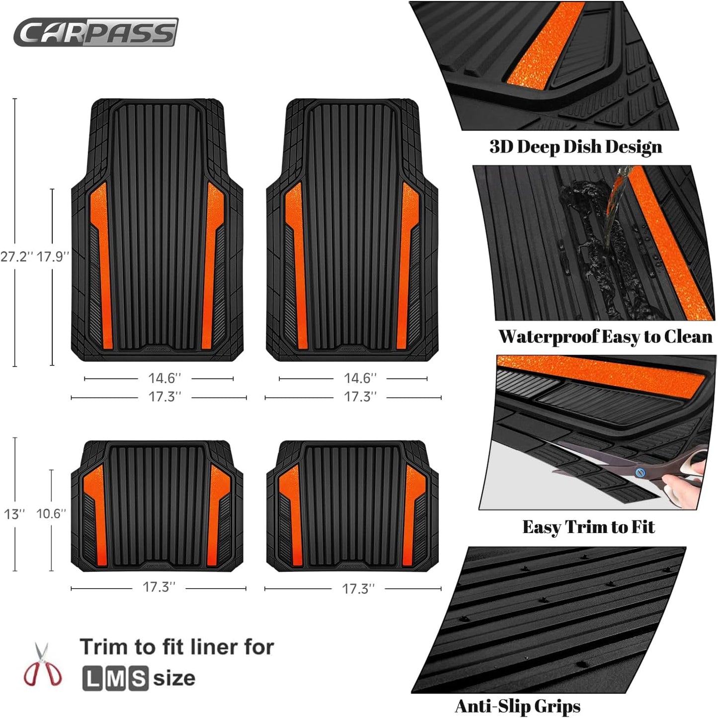 CAR PASS Heavy Duty Rubber Car Mats Metallic, Aluminum Film All Weather Floor Mats Waterproof Universal Trim to Fit SUVs Sedans Vans 4 Piece Anodized Deep Dish Two-Tone Sporty Black Orange Chrome