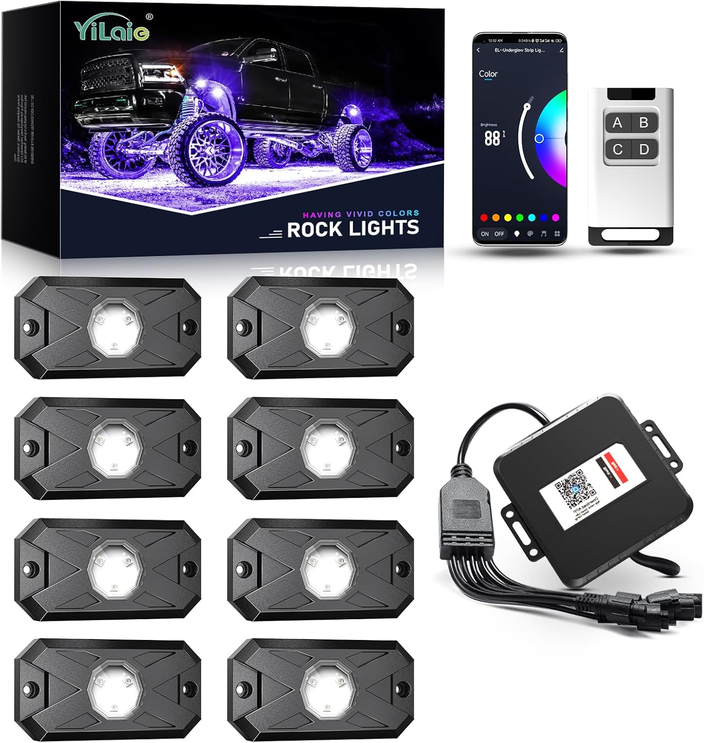 YiLaie RGB LED Rock Lights Kit 8Pods with APP/RF Remote Control, Upgraded Underglow Multicolor LED Light Pod with Flashing Music Mode, Rock Lights for Truck ATV UTV RZR SUV, IP68
