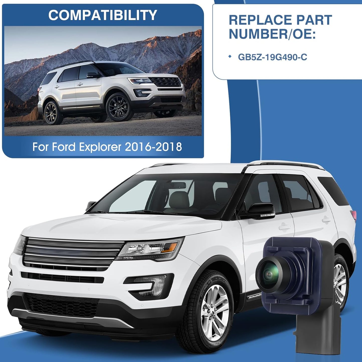 Rear View Backup Camera Fit for Ford Explorer 2016-2018, Reversing Parking Assist Camera OE Replacement GB5Z-19G490-C, GB5Z-19G490-A