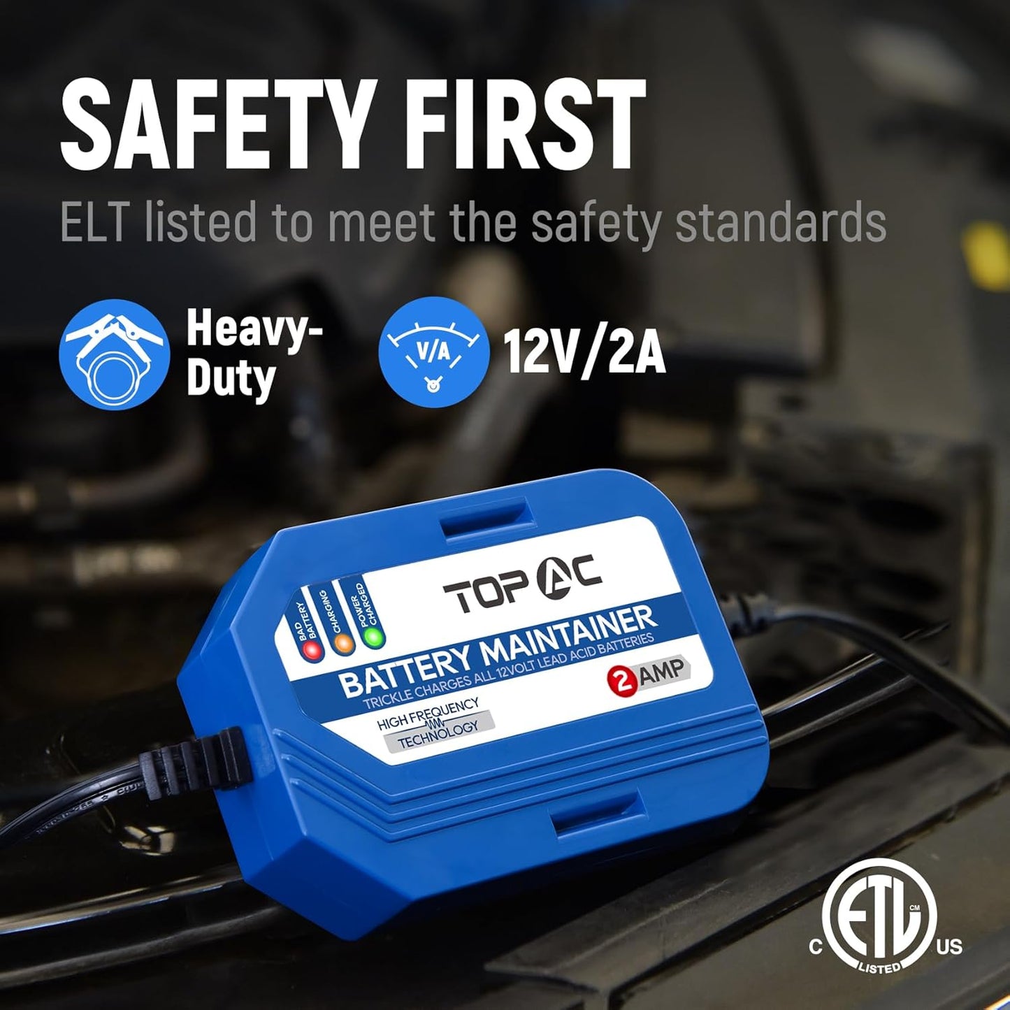 2 Amp Car Battery Charger,12V Smart Fully Automatic Battery Charger Maintainer Trickle Charger and Float Charger for Car Truck Motorcycle Lawn Mower Boat, Lead Acid Batteries