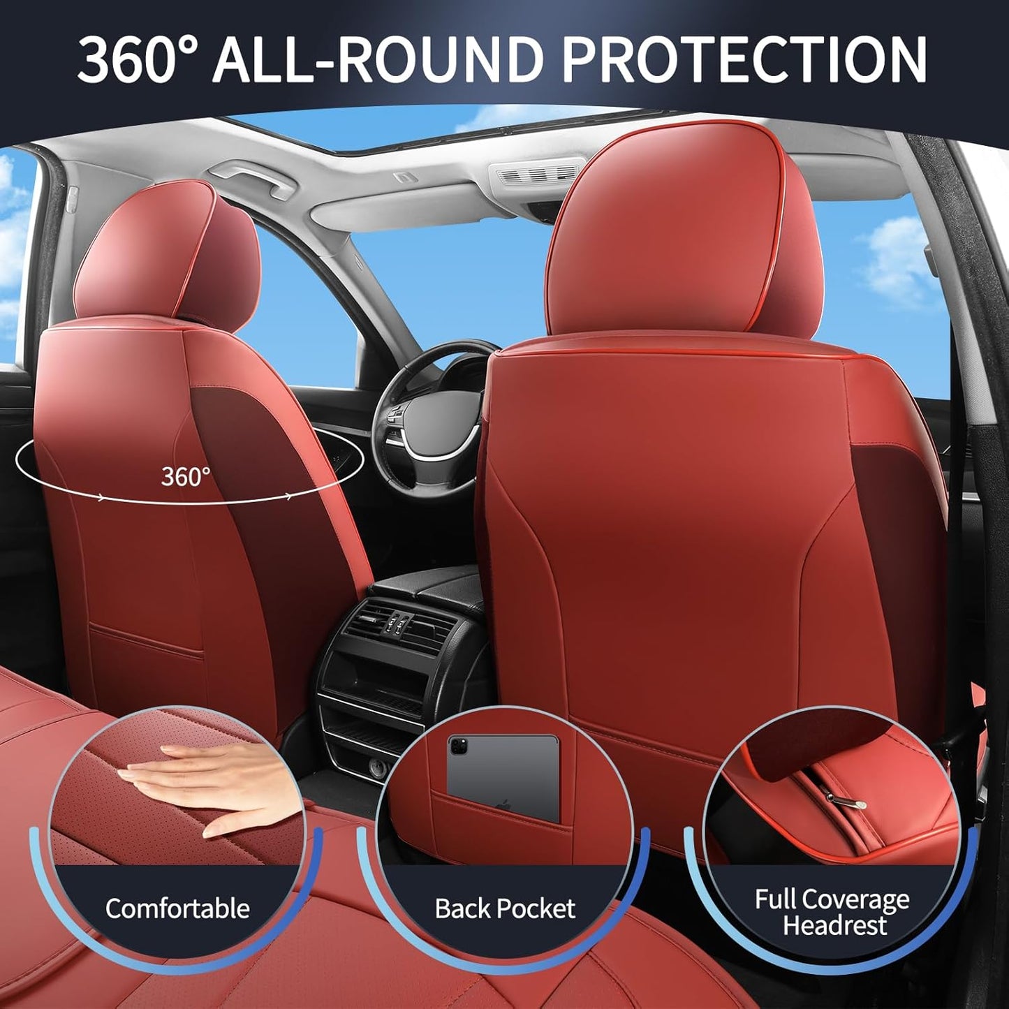 Car Seat Covers Full Set,Red Car Seat Covers,Leather Automotive Seat Covers,Breathable Waterproof Luxury Full Wrapping Edge Seat Covers Fit for Most Cars SUV and Sedans
