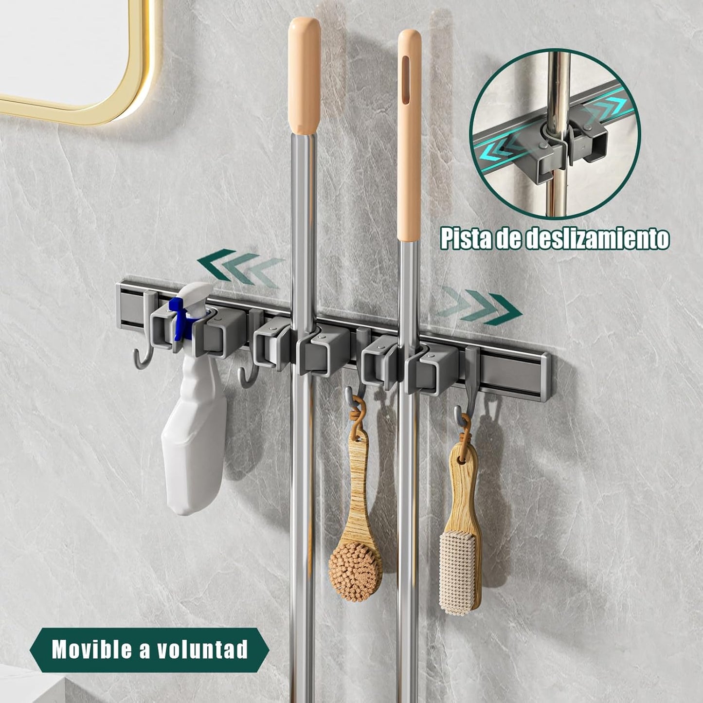 Broom Holder Wall Mount Movable Hooks and Clips Mop and Broom Hanger Wall Mounted Aluminum Garage Tool Organizer Storage adhesive (40cm, Grey)
