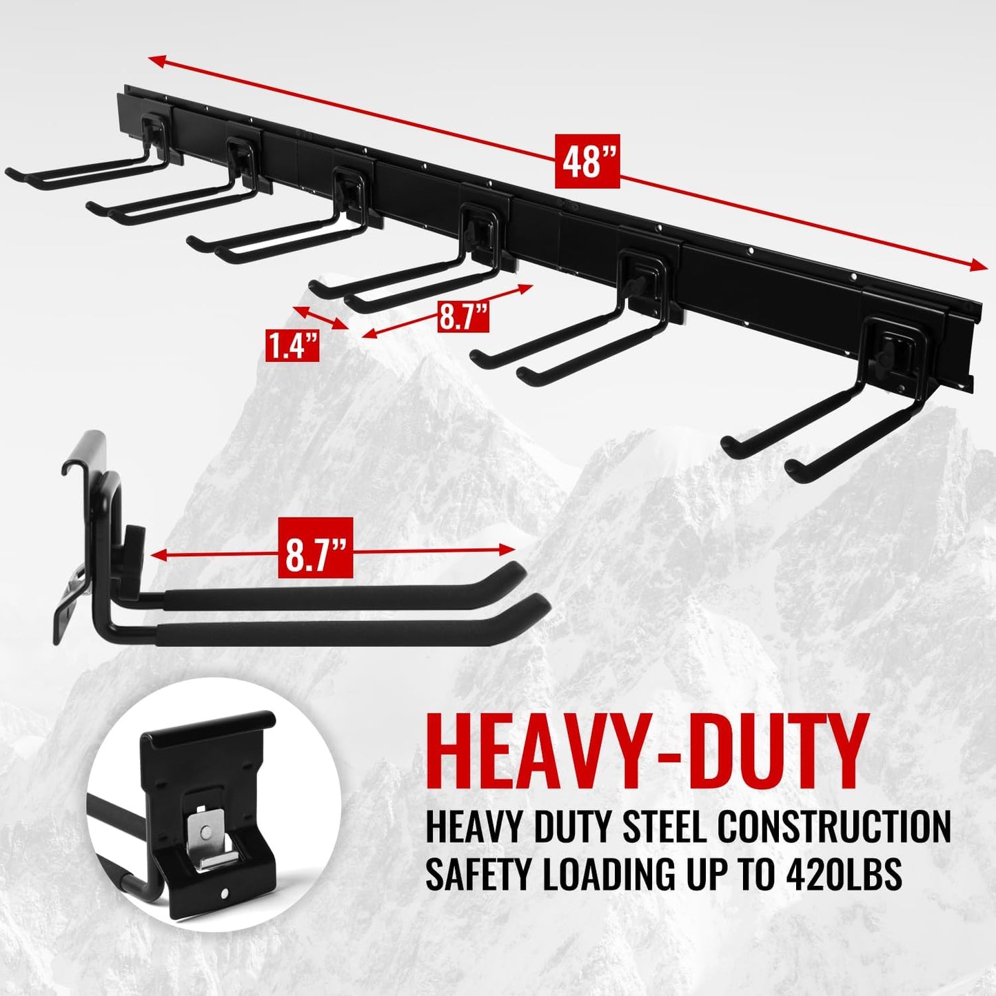 Locking Garden Tool Organizer, Garage Organization Wall Mount Storage Rack, Heavy Duty Metal Yard Tool Organizer, Adjustable Hanging Hooks, Hold Up to 420lbs (96Inch Black)