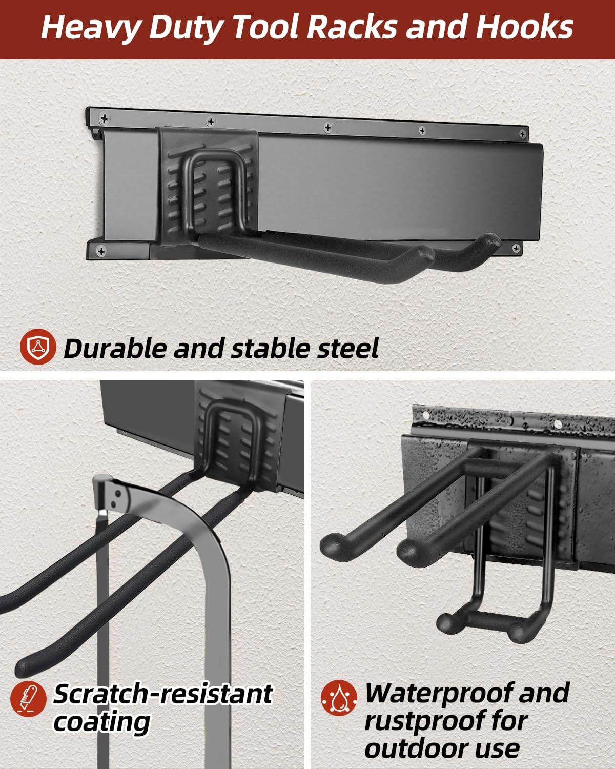48-Inch Garage Storage Tool Organizer with 8 Hooks - Heavy Duty Metal Rack for Garage Organization, Garden Tool Organizer - Wall Mounted Tool Hanger for Shovels, Ladders, Lawn Tools