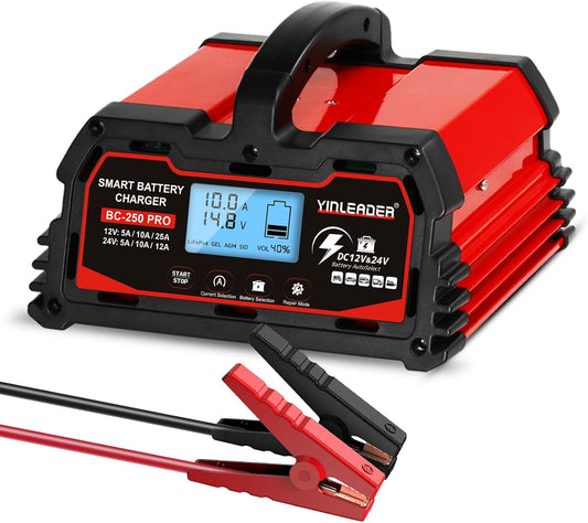 Battery Charger 25A, 12V/24V Lead Acid Smart Battery Charger, 12V LiFePO4 Car Battery Trickle Charger, Automatic Battery Maintainer for Car Motorcycle Lawn Mower Marine Boat Lead Acid Batteries