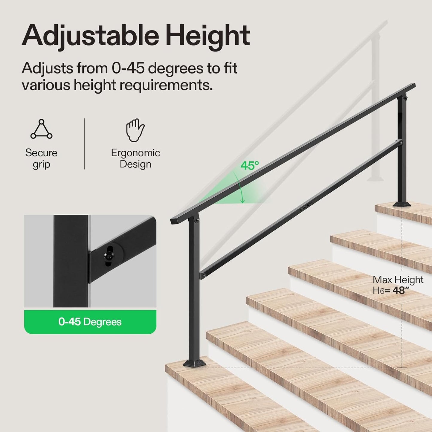 VIVOSUN Outdoor Handrail, 6-7 Step Stair Handrail, 83" x 36" Fits 1 to 7 Steps, Wrought Mattle Iron Handrail for Concrete Steps, Porch Steps, Black, HR-0004