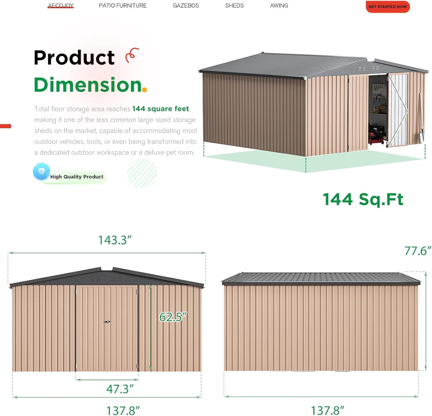 AECOJOY 12' x 12' Shed Metal, Outdoor Storage Sheds & Outdoor Storage 12' x 12' with Lockable Doors, Large Steel Yard Shed, Utility and Tool Storage for Garden, Backyard, Patio, Outside use in Grey