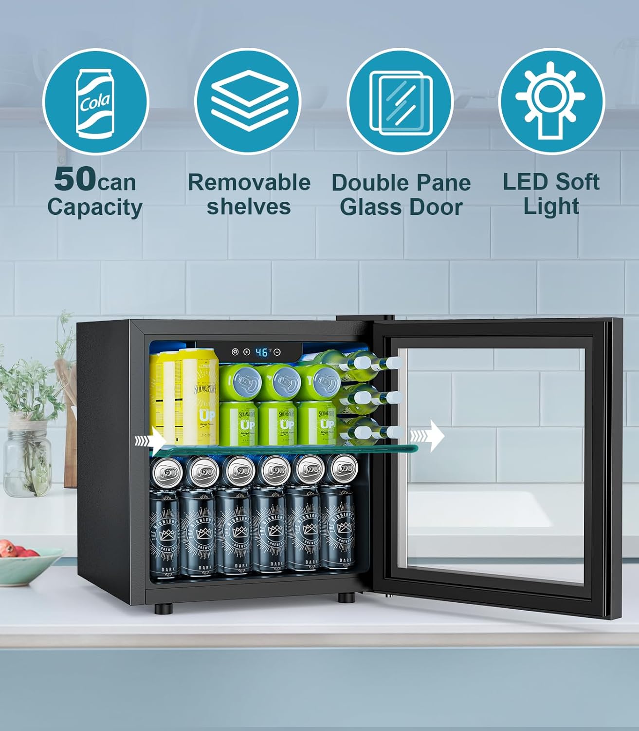 50 Cans Beverage Refrigerator Cooler, 1.3 Cu.ft Mini Fridge Countertop Drink Cooler with Glass Door for Beer, Soda,Wine, Adjustable Digital Temperature Control for Home Dorm Bar, Black