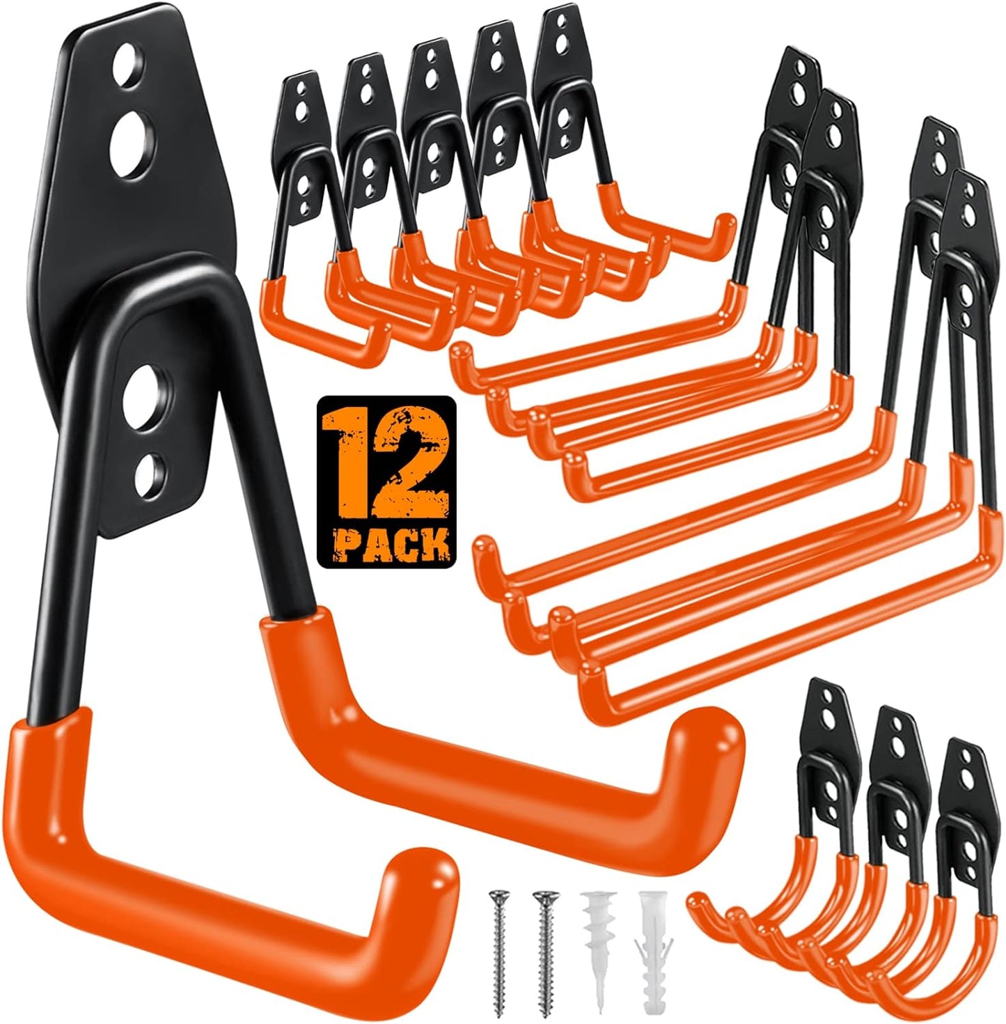 12 Pack Garage Hooks Heavy Duty Utility Steel with Anti-Slip Coating Wall Mount Storage Organizer for Hanging Power and Garden Tools, Ladders, Hose, Bikes, Ropes, Bulk Items, and More