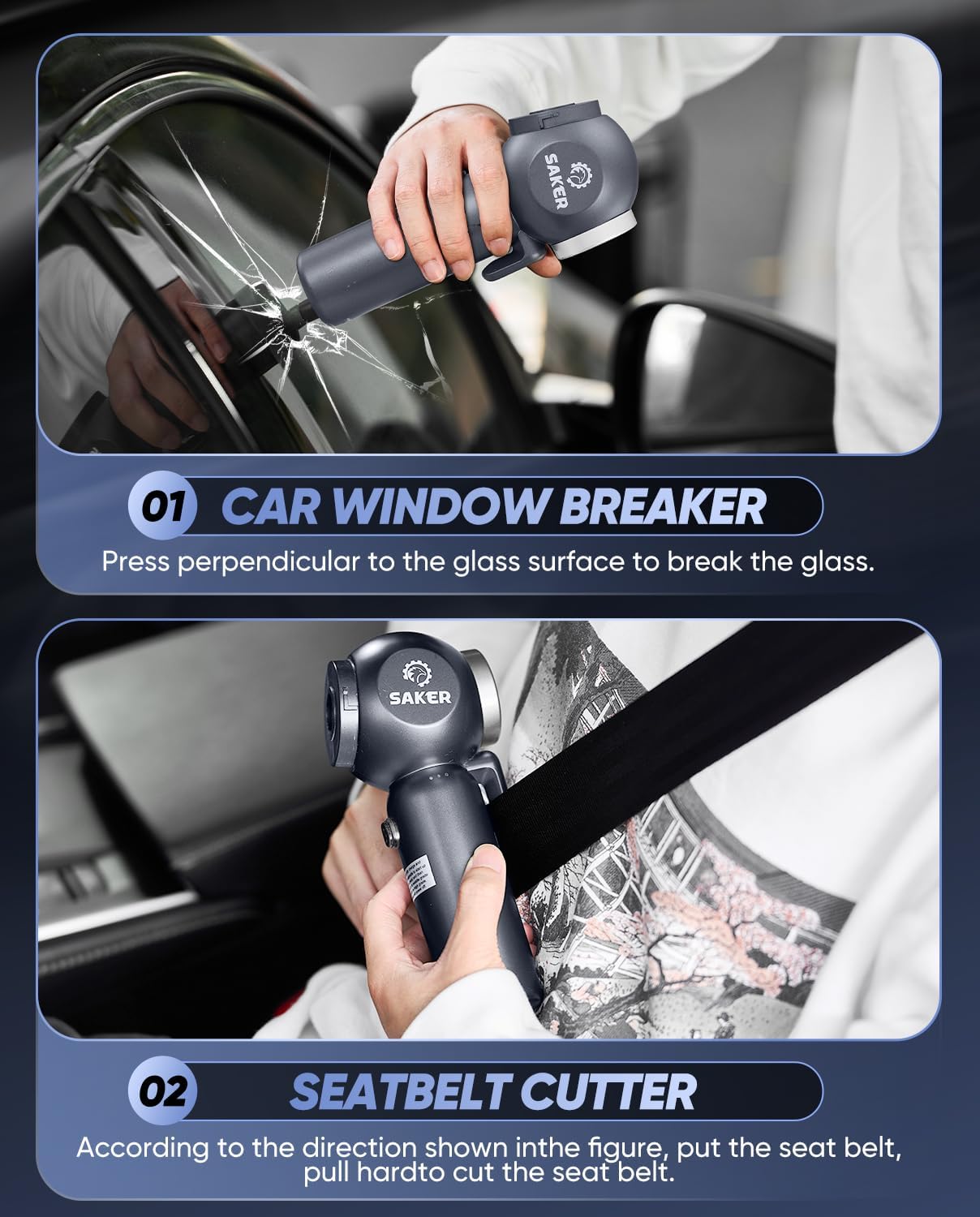 Saker 6 in 1 Car Vacuum Cleaner, 20000PA Handheld Vacuum Cordless Rechargeable 7800mAH with Type-C Reverse Charging, Window Breaker and Seatbelt Cutter for Car,Office and Home Cleaning,SW102 Blue Gray