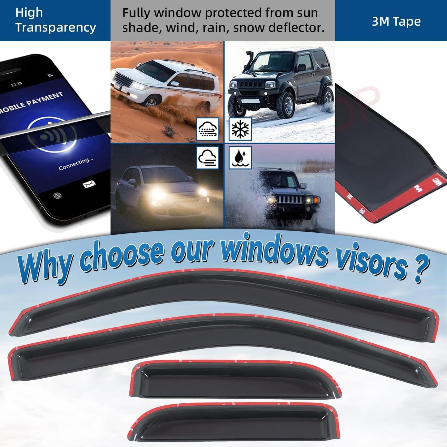 Set of 4 Front+Rear Smoke Sun Rain Guard Outside Mount Tape-On Acrylic Window Visors Compatible with 04-14 F-150 Super/Extended Cab with Half Size Suicide Back Doors