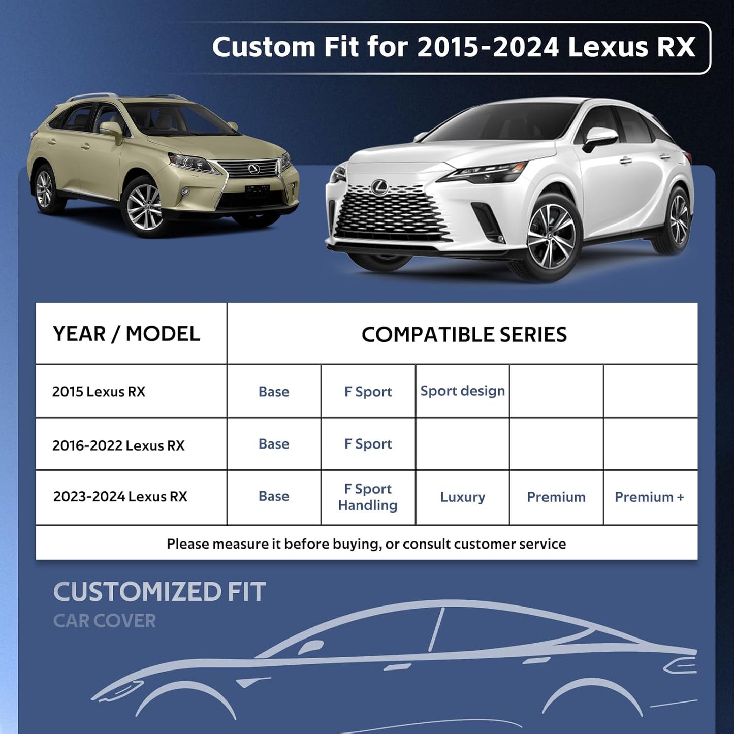 10 Layers SUV Car Cover Custom Fit for Lexus RX350 RX450 RX500(2015-2024) Waterproof All Weather for Automobiles, Outdoor Full Cover Sun UV Rain Protection with Cotton.Black